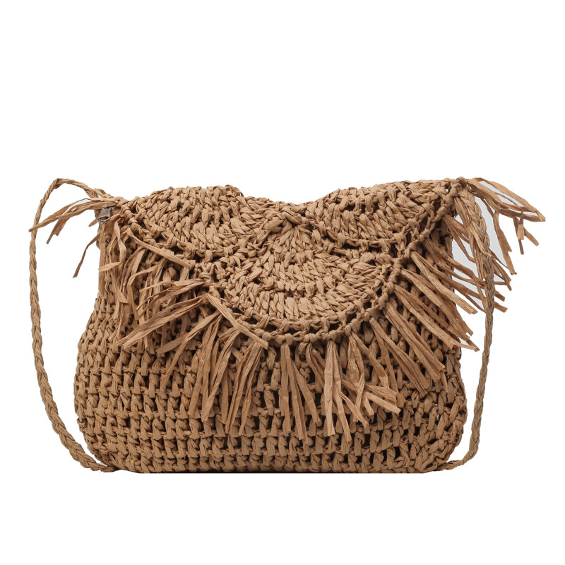 Cross-border Korean-style fringed straw woven bag, fashionable hook flower large flip cover hand-woven bag, casual women's bag, beach bag for women Item Picture