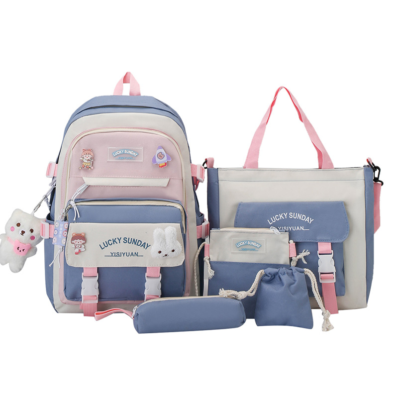Wholesale of cross-border nylon wear-resistant schoolbags for female primary school students, large-capacity backpacks, new five-piece backpacks Item Picture