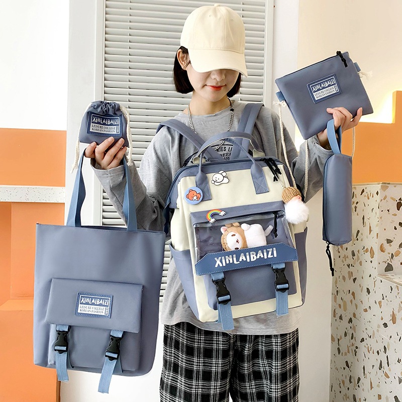 ins style Harajuku girl backpack, fresh school style backpack, five-piece school bag for primary and junior high school students Specification drawing
