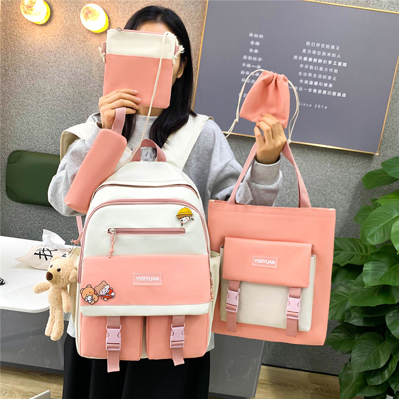 New five-piece schoolbag set for girls, Korean version, Harajuku color contrast large-capacity nylon middle school backpack, custom-made for cross-border production Application Scenario