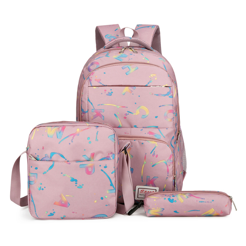 Cross-border bestseller three-piece set: Large-capacity backpack, versatile letter print casual backpack, junior high school student schoolbag for girls Item Picture