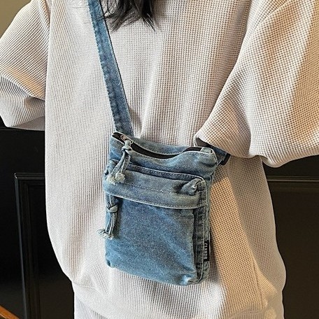 ins retro denim crossbody bag for men, Korean-style casual washable single-shoulder bag, light and casual solid-color phone bag for women full figure