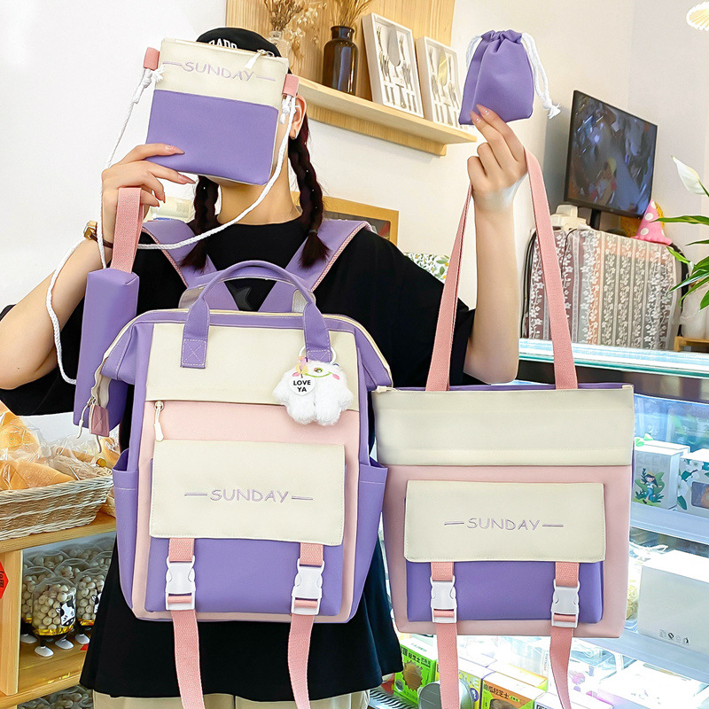 Five-piece schoolbag set for girls, Japanese-style ins fresh and clean, Korean-style mommy bag, primary school backpack, junior high school student backpack details Picture