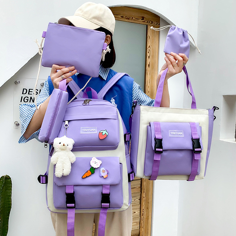 Wholesale of new nylon five-piece set schoolbags for primary school girls, which are lightweight, lightweight, wear-resistant and have a large capacity for junior high school students details Picture