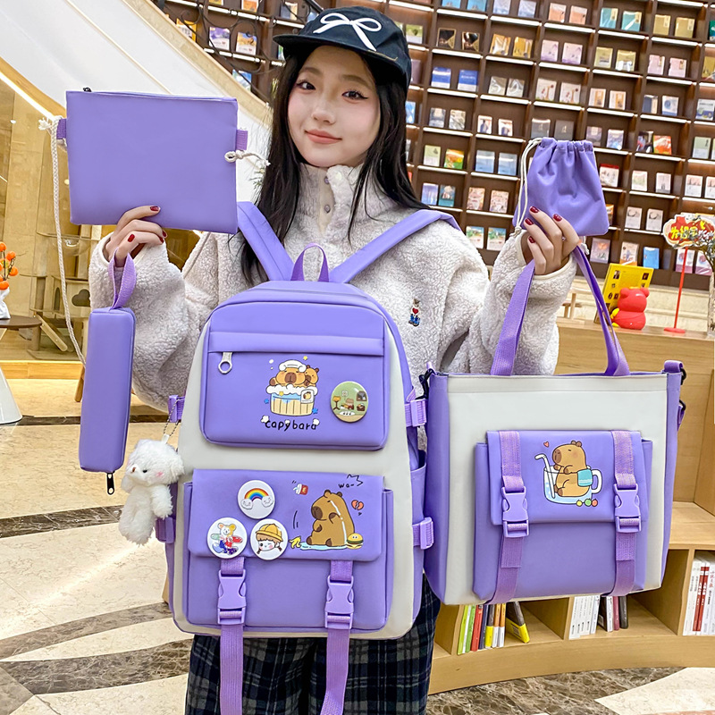 New Capibara canvas backpack for girls, cute and versatile, large-capacity five-piece set for primary and secondary school students full figure