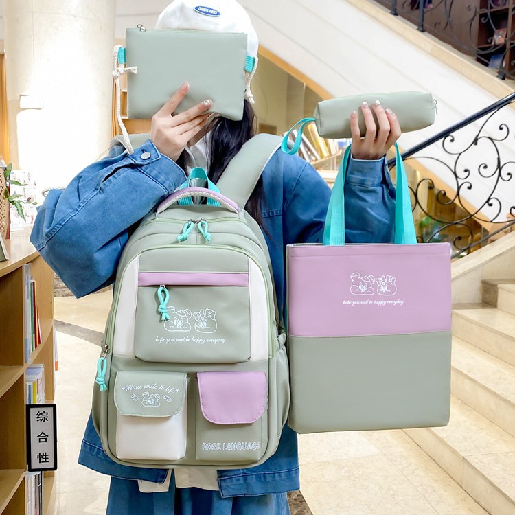 Wholesale of new cross-border student schoolbags for women, large-capacity multi-functional backpacks with contrasting colors and fashionable multi-piece sets Application Scenario