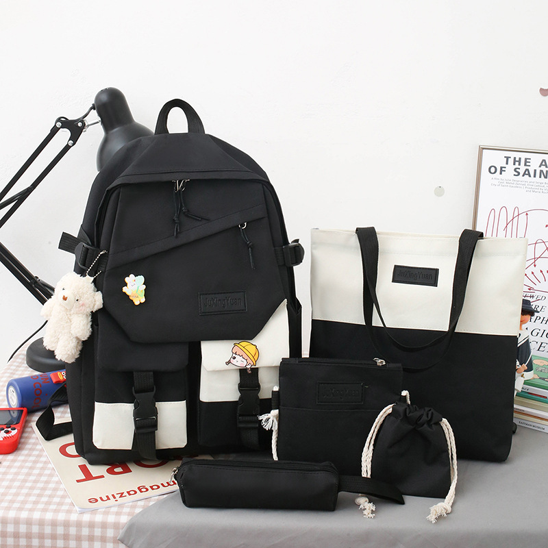 Five-piece set of schoolbag for middle school girls, Korean style Instagram Harajuku Hong Kong-style large-capacity canvas backpack for junior high school students details Picture