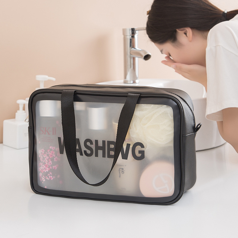 Simple hand-held large-capacity portable travel transparent toiletry bag, Pu waterproof matte makeup bag, cosmetics storage bag details Picture