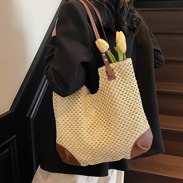 Cross-border woven straw weaving color-blocking tote bag, niche design, single-shoulder bag, large bag, women's large-capacity hollowed-out underarm bag details Picture