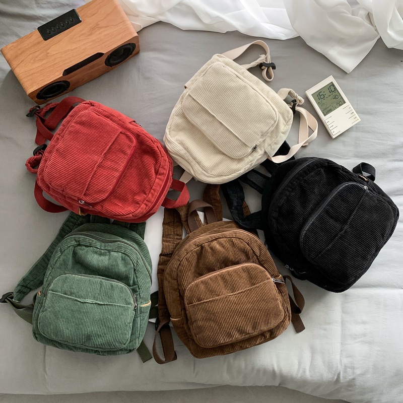 Corduroy solid-color schoolbag for girls, Tang Donation backpack, Korean version, high school and college students, retro and simple mini backpack for girls Specification drawing