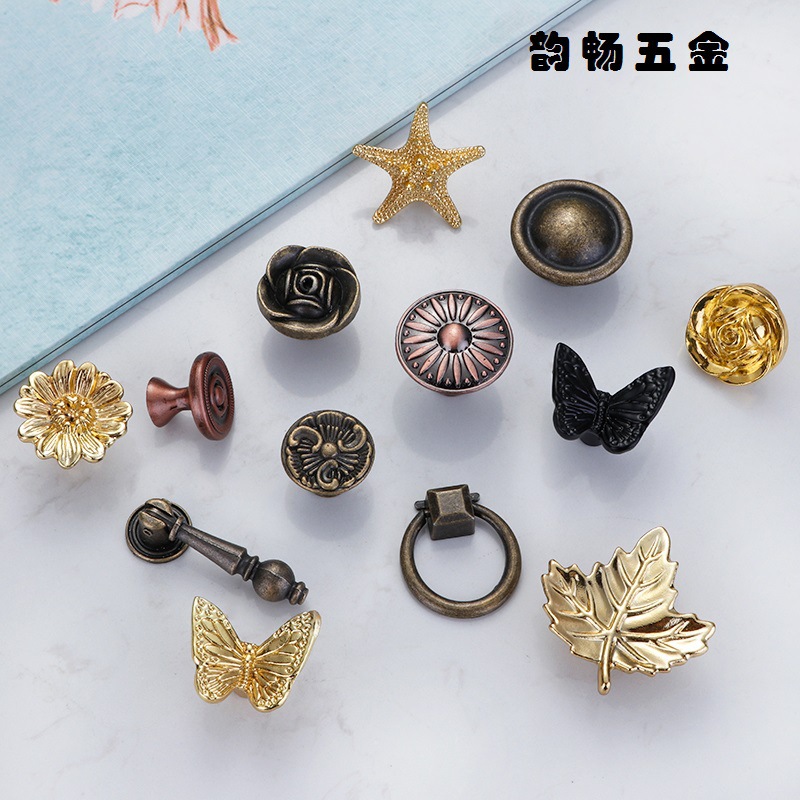 Foreign trade single-hole drawer handles, butterfly leaf lifting rings, furniture handles, retro gold cabinet door handles, round handles full figure