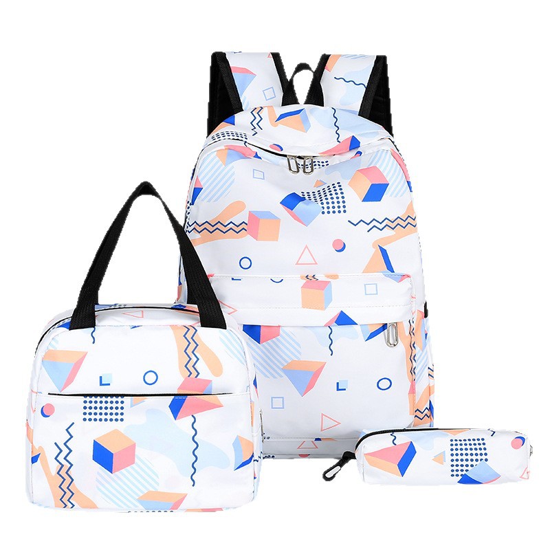 Three-piece set of student backpacks, Korean-style fashionable and casual printed backpack, large-capacity computer bag, college student schoolbag Item Picture