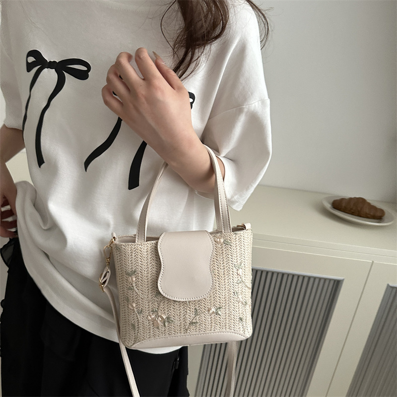 Simple and stylish straw woven single-shoulder tote bag, lace and fresh woven handbag, 2024 new summer fashion women's bag Specification drawing