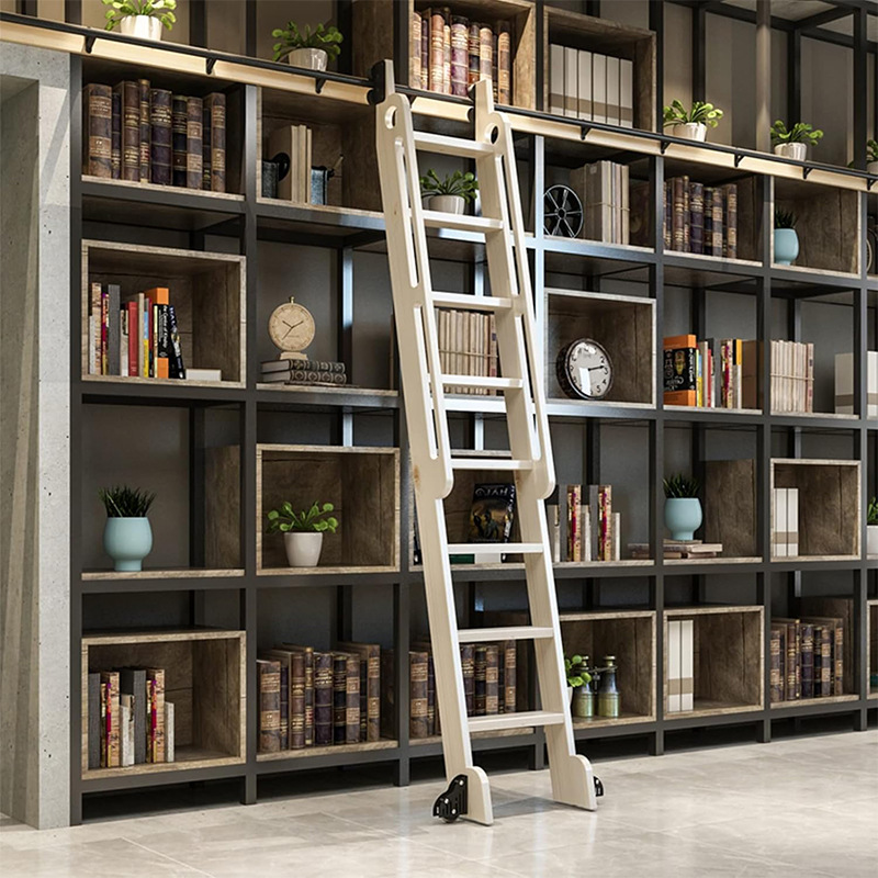 Amazon telescopic wooden ladder, slide rail bookshelf, mobile iron ladder, track ladder, library bookshelf track ladder details Picture