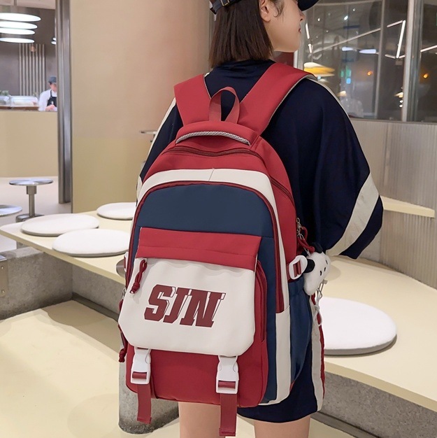 American retro color-blocking schoolbag for girls, Korean version of ins school style student backpack, large-capacity travel backpack for men full figure