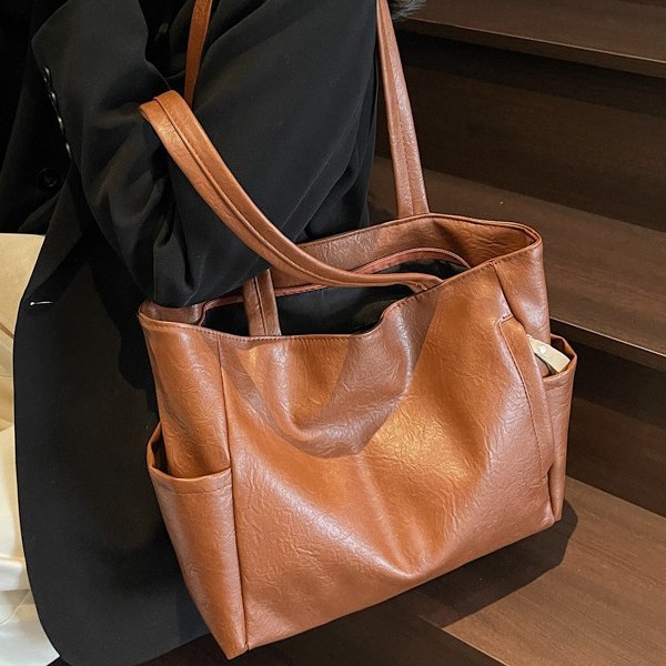 Korean version PU bag, blank single-shoulder bag, new solid-color handbag, large capacity, high-end sense, fashionable and versatile tote bag full figure