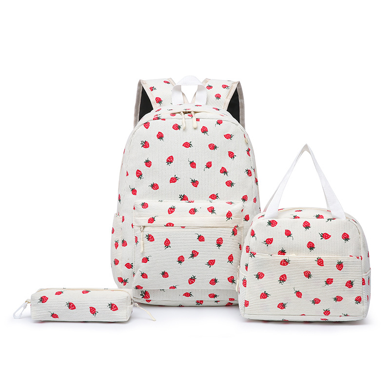 A fresh and artistic middle school backpack, an Instagram strawberry girl student backpack, a cute cartoon three-piece set of schoolbag Specification drawing
