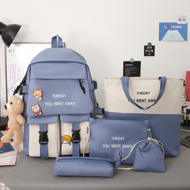 New Korean ins five-piece schoolbag set for campus, girls' color-blocked middle school schoolbag, fashionable student backpack details Picture