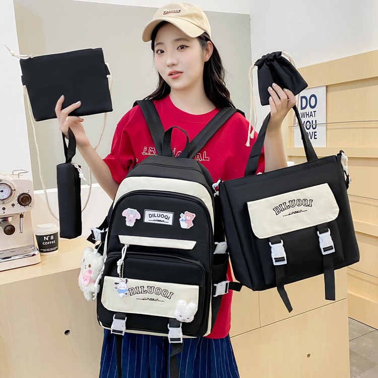Korean InS-style cute, large-capacity, high-appearancelevel backpack, fresh and clean schoolbag, five-piece set, multi-functional tutorial bag full figure