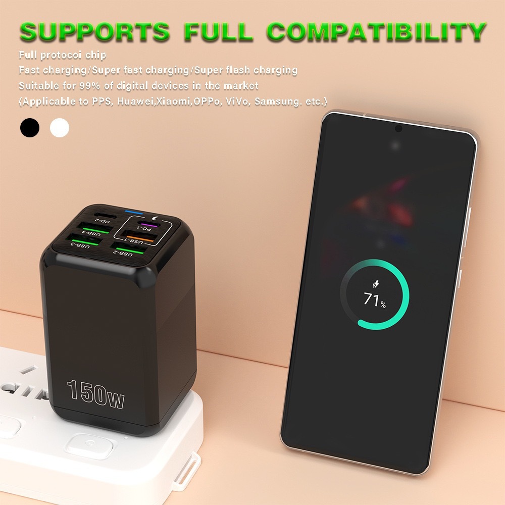 New cross-border product: 150W charging head, 4USB+2PD multi-port fast charging mobile phone charger, 5V2.4A, European, American and British standards Specification drawing