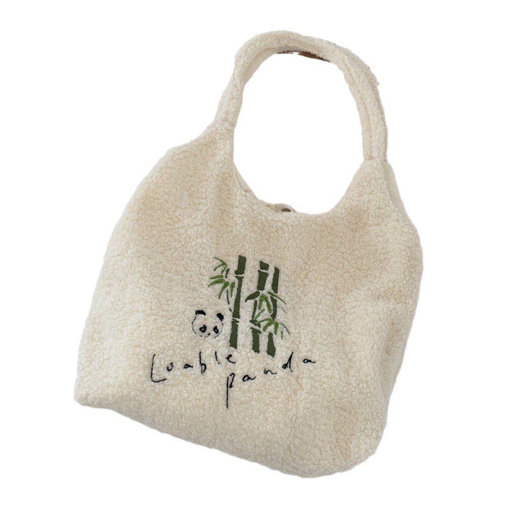 110101 Winter plush embroidered vest bag, large capacity single-shoulder bag, simple and cute little panda hand-held bag Item Picture