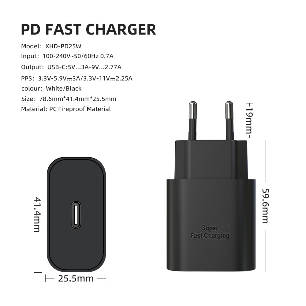 The PD25w European standard charger is compatible with Samsung S20, S21, S22, S23, Apple fast charging, and has CE certification for Samsung chargers details Picture