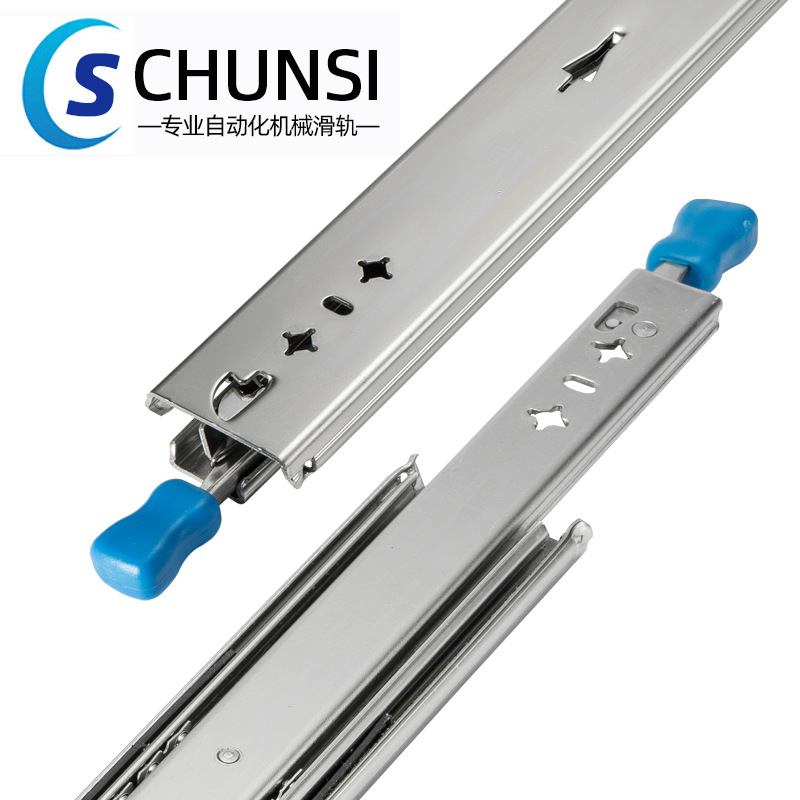 53-width RV heavy-duty slide rail with lock, industrial guide rail load-bearing slide, three-section automotive steel ball drawer track slide rail Specification drawing