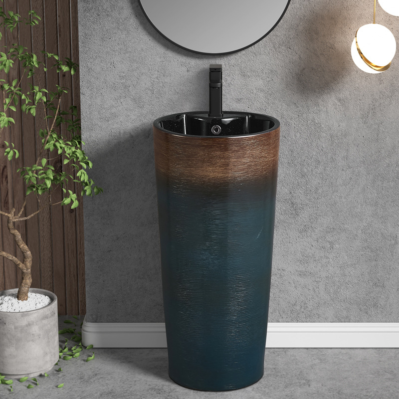 Light luxury retro ceramic column basin, one-piece floor-standing washbasin, household bathroom, balcony washbasin, one-piece basin Application Scenario