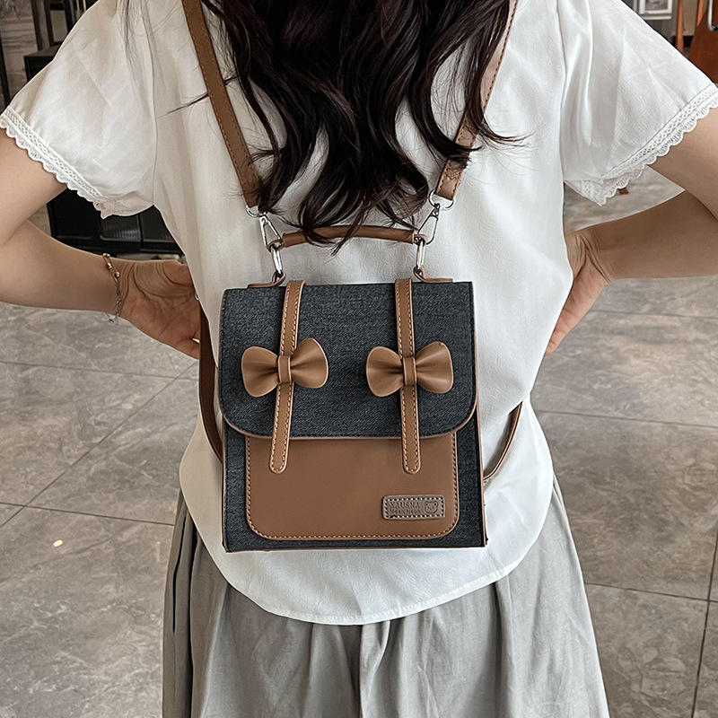 2025 New bow fashion school style backpack, multi-functional solid color retro small backpack, spliced single shoulder bag details Picture