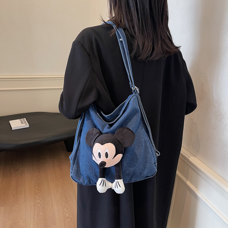 Denim schoolbag for female college students, high appearance level, single-shoulder dual-purpose fashionable backpack, ins simple and versatile commuting backpack details Picture