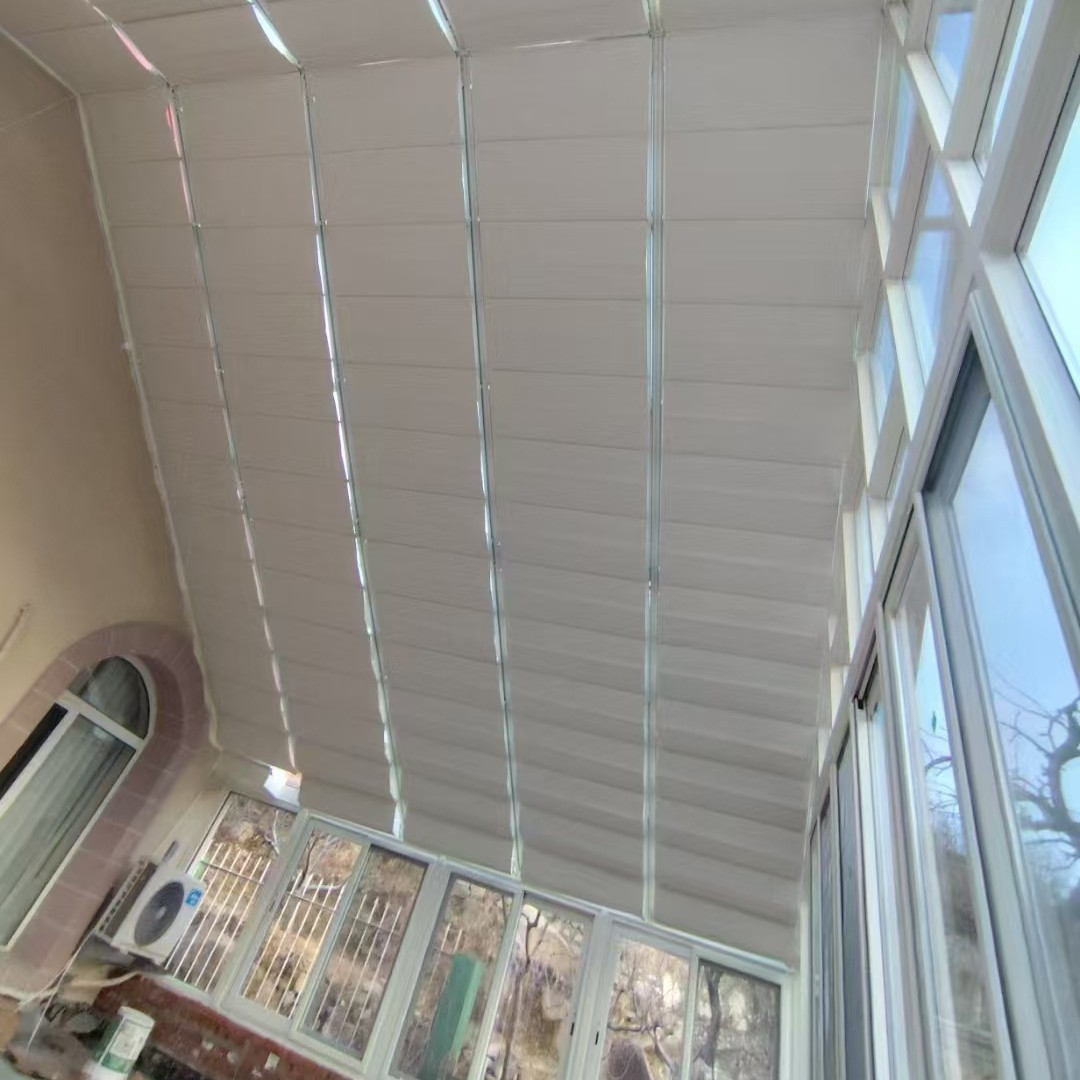 Sunroom sunshade top curtain, electric folding sunshade, hotel terrace heat insulation wavy folding ceiling curtain details Picture