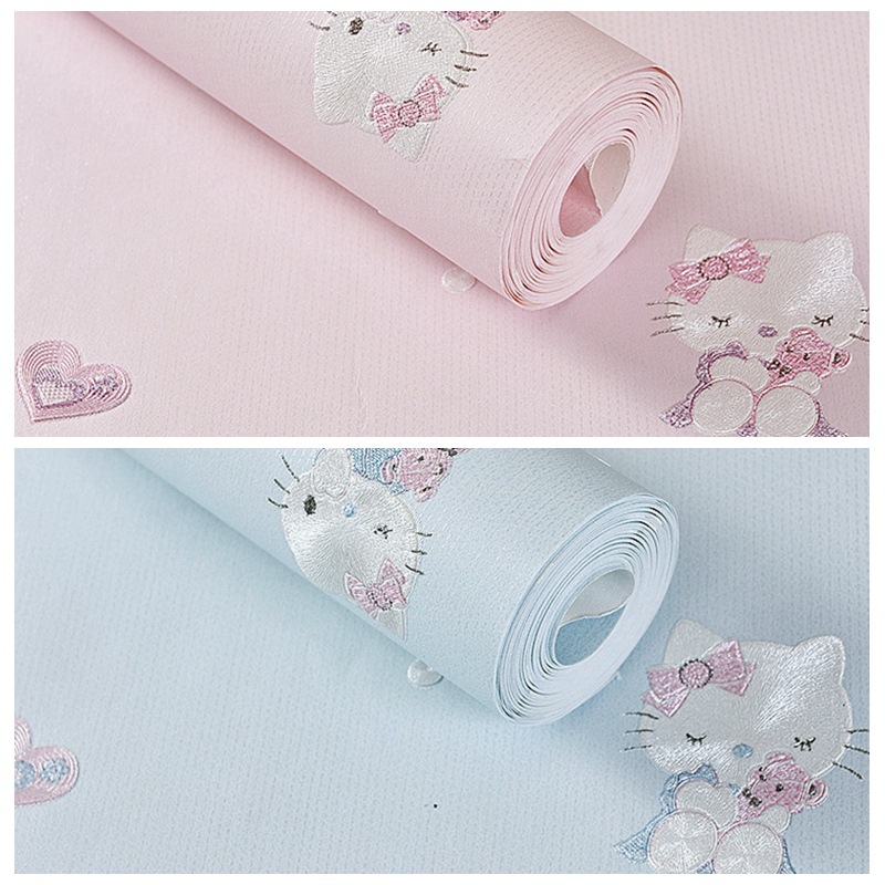 Light pink 3D embossed cartoon wallpaper for boys' and girls' rooms and clothing stores, warm and simple KT cat children's background wallpaper Item Picture