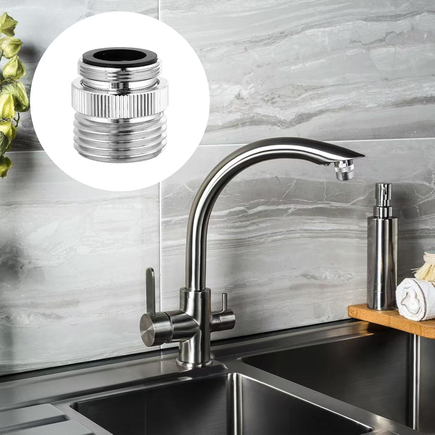 The American standard faucet is connected to the garden hose. The inner thread is 22 turns and the outer thread is 3/4GHT. The inner thread of the joint is 22 turns and 6 minutes full figure