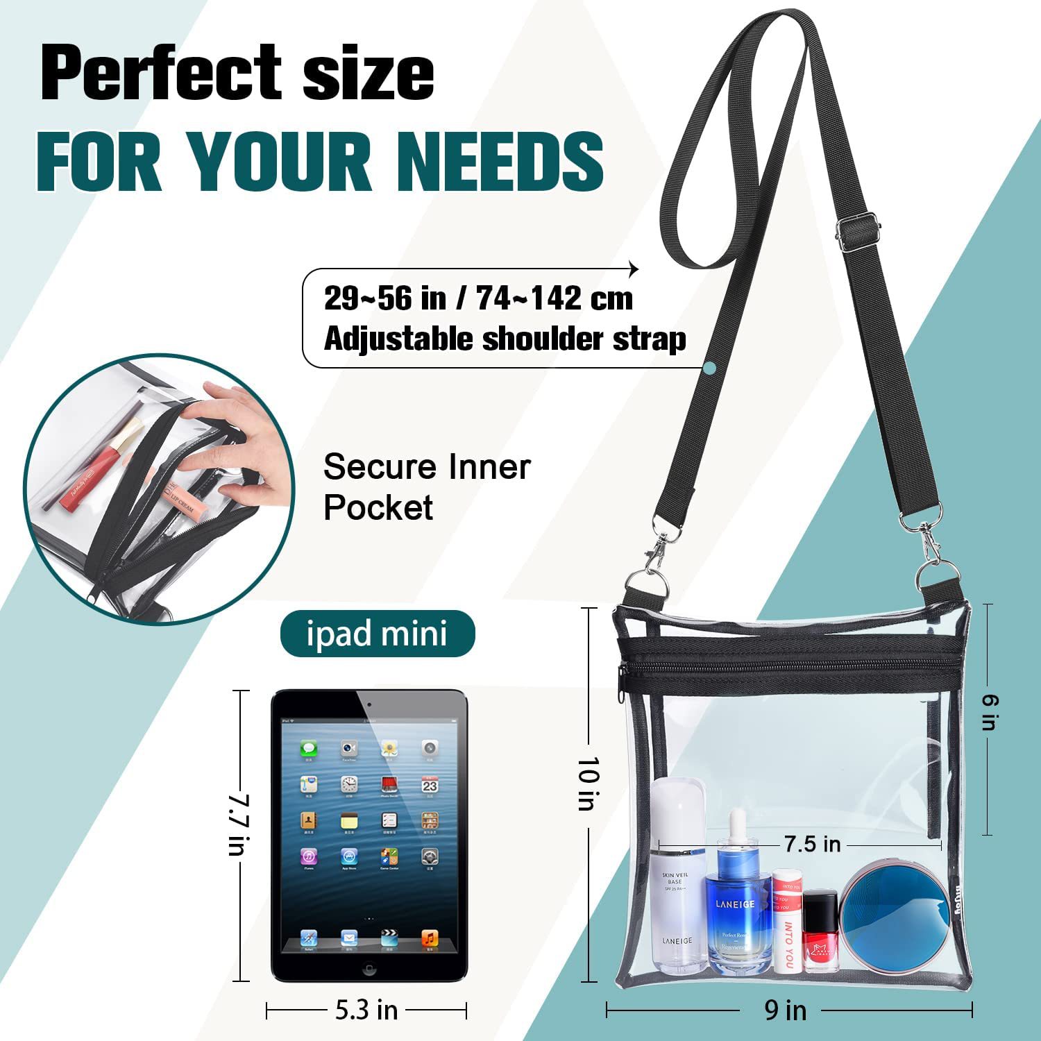 Cross-border transparent PVC messenger bag, handbag, single-shoulder crossbody bag and storage bag are suitable for concerts and sports events Specification drawing
