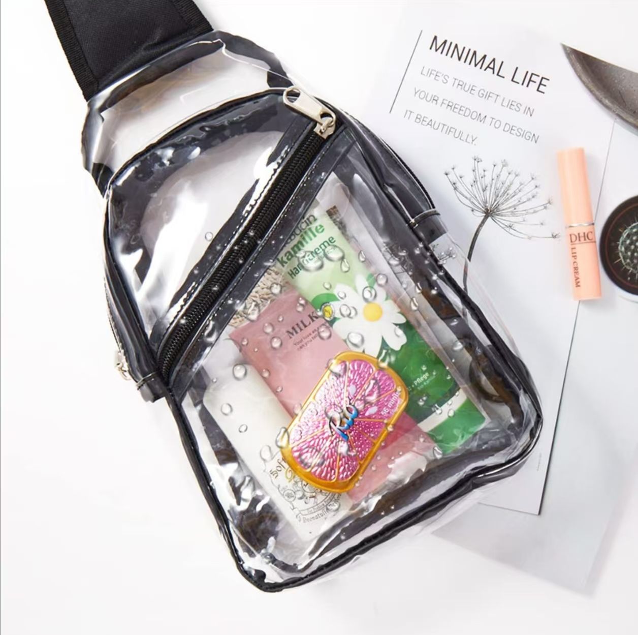 A new cross-border fashion transparent storage bag, a pvc waterproof men's little treasure casual travel single-shoulder crossbody bag Specification drawing