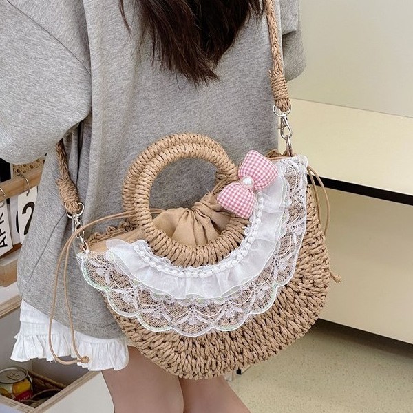 Sweet and cute lace straw woven handbag for women's summer 2025 new style seaside vacation casual beach woven bag Specification drawing