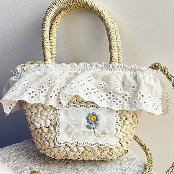 Fresh summer, cute mini handbag, girl's flower small bag, new straw woven bag, crossbody lace woven bag details Picture