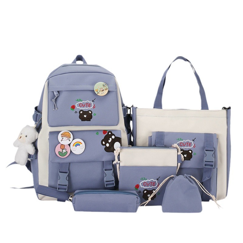 Wholesale of new nylon five-piece set schoolbags for primary school girls, which are lightweight, lightweight, wear-resistant and have a large capacity for junior high school students Item Picture