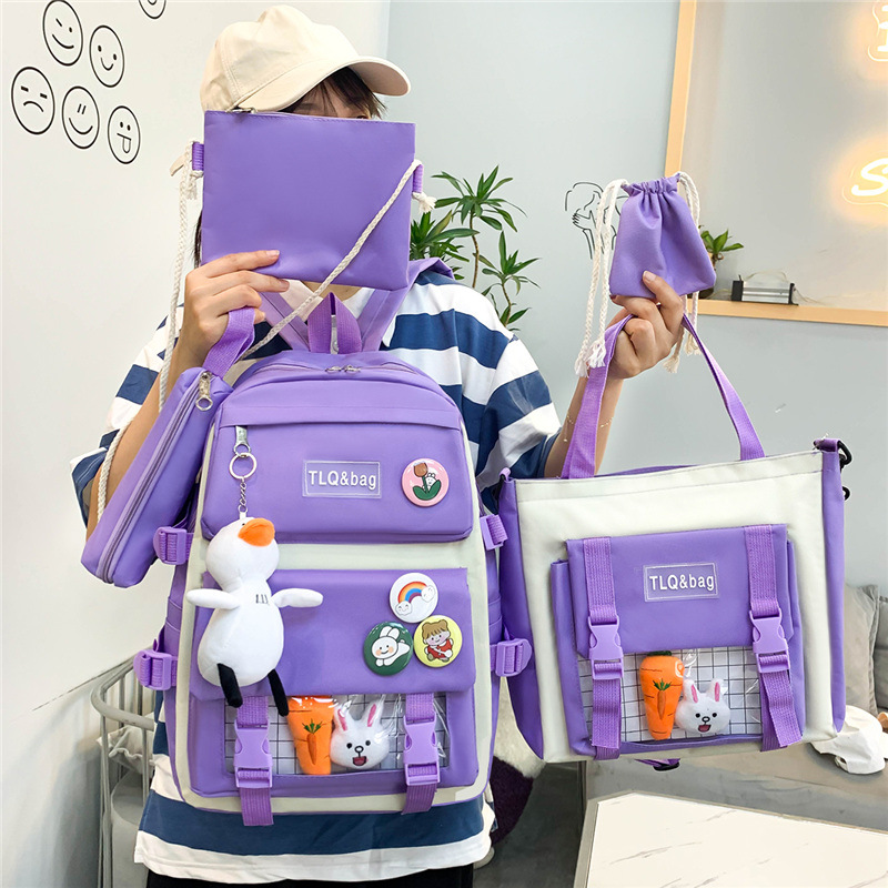 New Korean version Harajuku style high-capacity five-piece student backpack for junior high school girls, casual student backpack details Picture