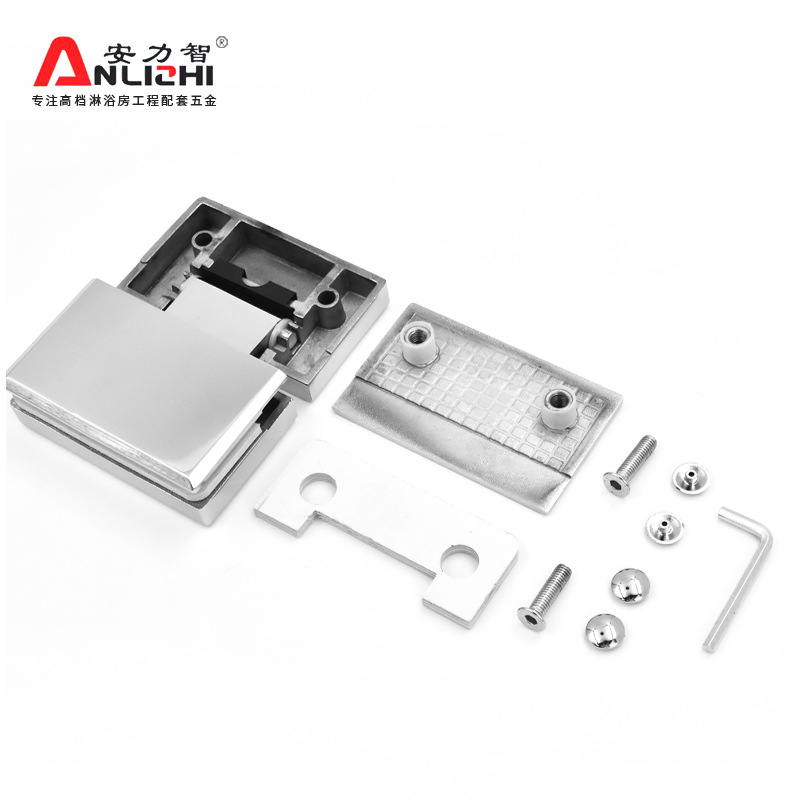 A 304 stainless steel 90-degree arc-edge solid thickened shower room glass door hinge without a notch opening Item Picture