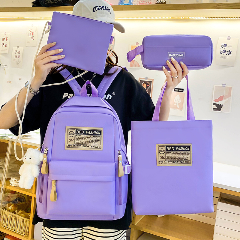 New simple Korean style casual backpack for girls, four-piece set, large capacity, versatile, lightweight backpack for primary and junior high school details Picture