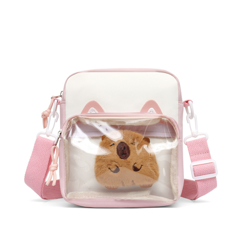 New children's single-shoulder bag with badge pain bag, cute cat-ear crossbody bag for girls, Harajuku style transparent smug bag Item Picture