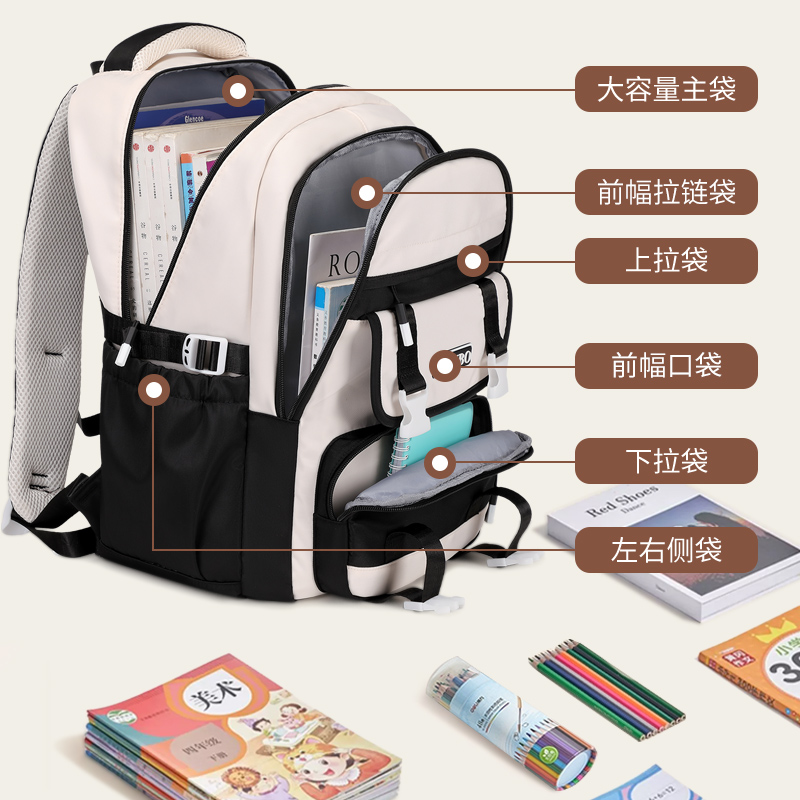 Lightweight and lightweight backpack for primary school students from grades 3 to 6, super large capacity for girls in high school and junior high school Specification drawing