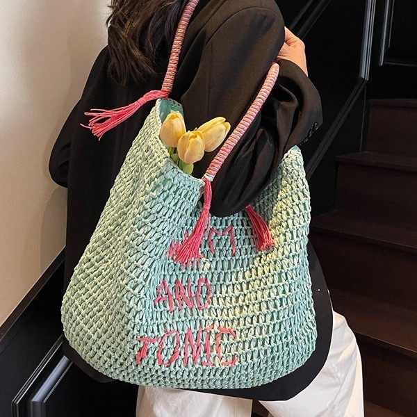 Summer new style straw-woven hand-held women's bag 2025 Korean version fresh large-capacity vegetable basket single-shoulder crossbody bag details Picture