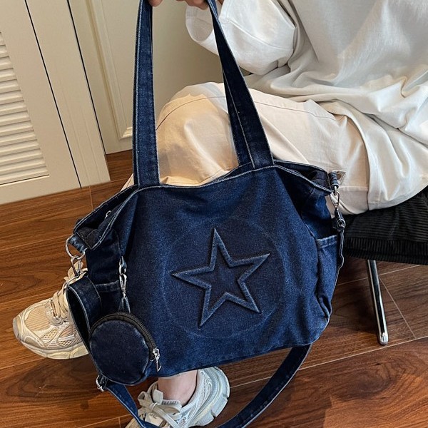 Denim handbag for women, large capacity 2025 new Korean style simple single-shoulder backpack, casual commuting tote bag details Picture