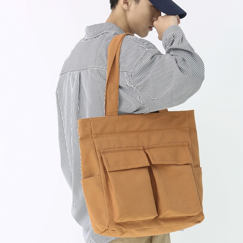 Retro canvas bag, large-capacity hand-held shoulder bag, men's and women's casual travel bag, Korean style ins workwear tote bag details Picture