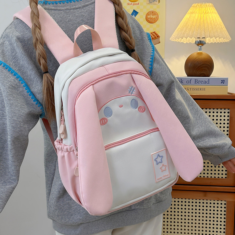 Rabbit double-shoulder girls' simple style schoolbag, forest style, versatile ins style, college style, simple high school backpack for college students details Picture