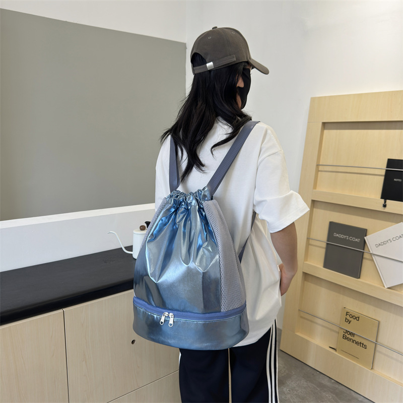Export drawstring pearlescent swimming and fitness bag, large-capacity dry-wet separation storage bag, outdoor travel lightweight backpack Application Scenario