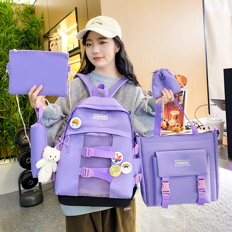 A cute five-piece backpack set for girls in grades 3 to 6 on campus, simple and lightweight, with a large capacity Korean-style backpack full figure