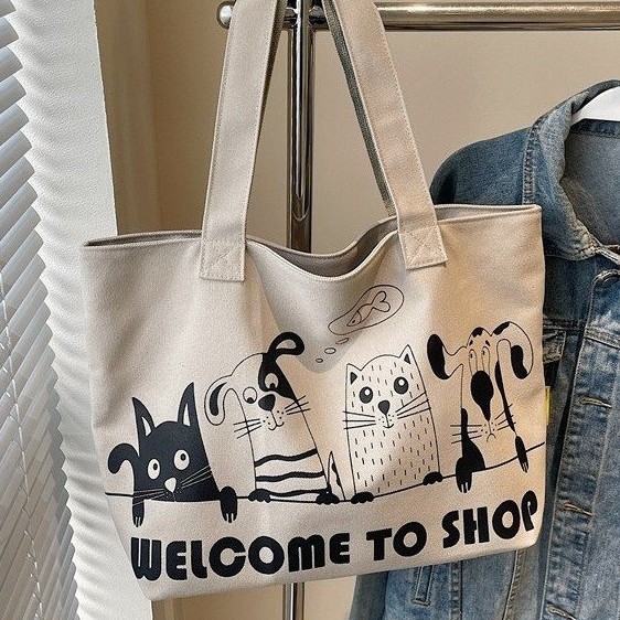 Cartoon casual large-capacity canvas bag for women 2025 new style, lightweight and versatile commuter single-shoulder bag, hand-held tote bag Specification drawing